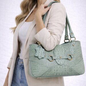 *NWT* Charlie Lapson Mint Green Croc-Embossed Buckle Tote Statement Shoulder Bag